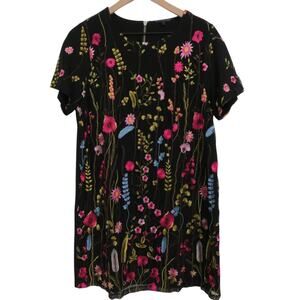 Felicity & Coco Womens Sz L Black Pink Blue Embroidered Floral Mini Dress